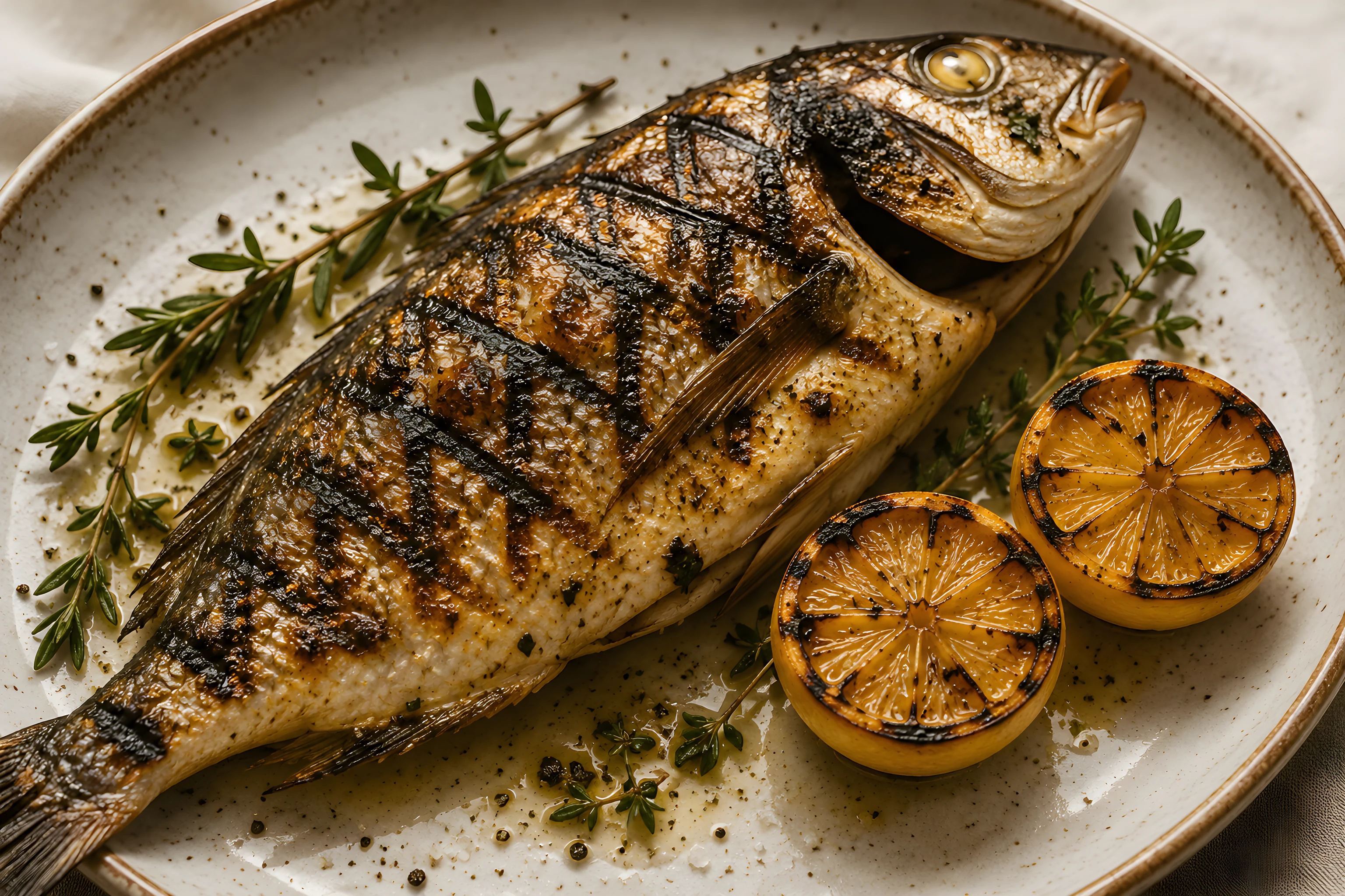 Whole wood-grilled branzino with charred lemon halves and fresh thyme on a stoneware plate
