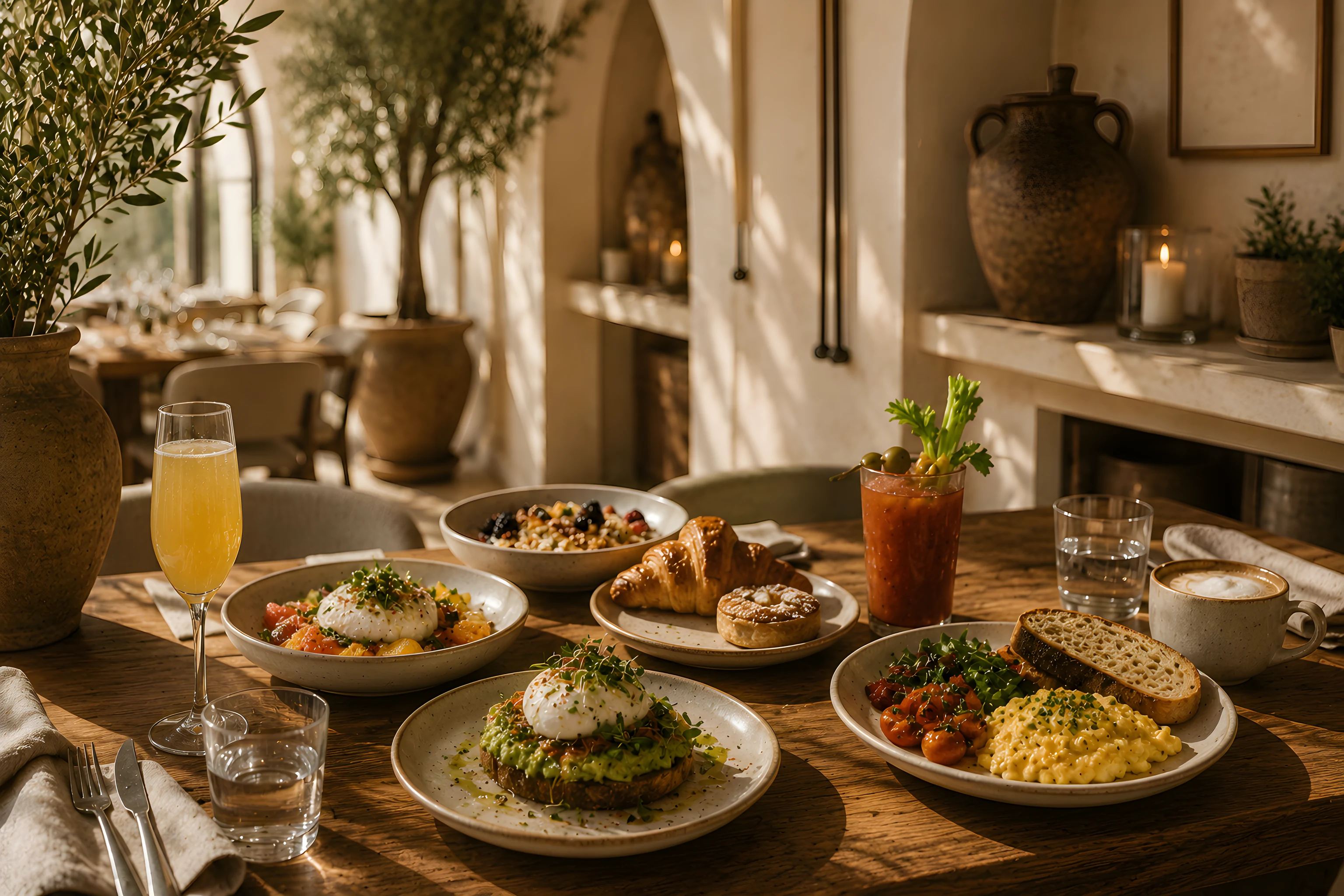 A sunlit brunch table with avocado toast, a croissant, a Bloody Mary and a mimosa