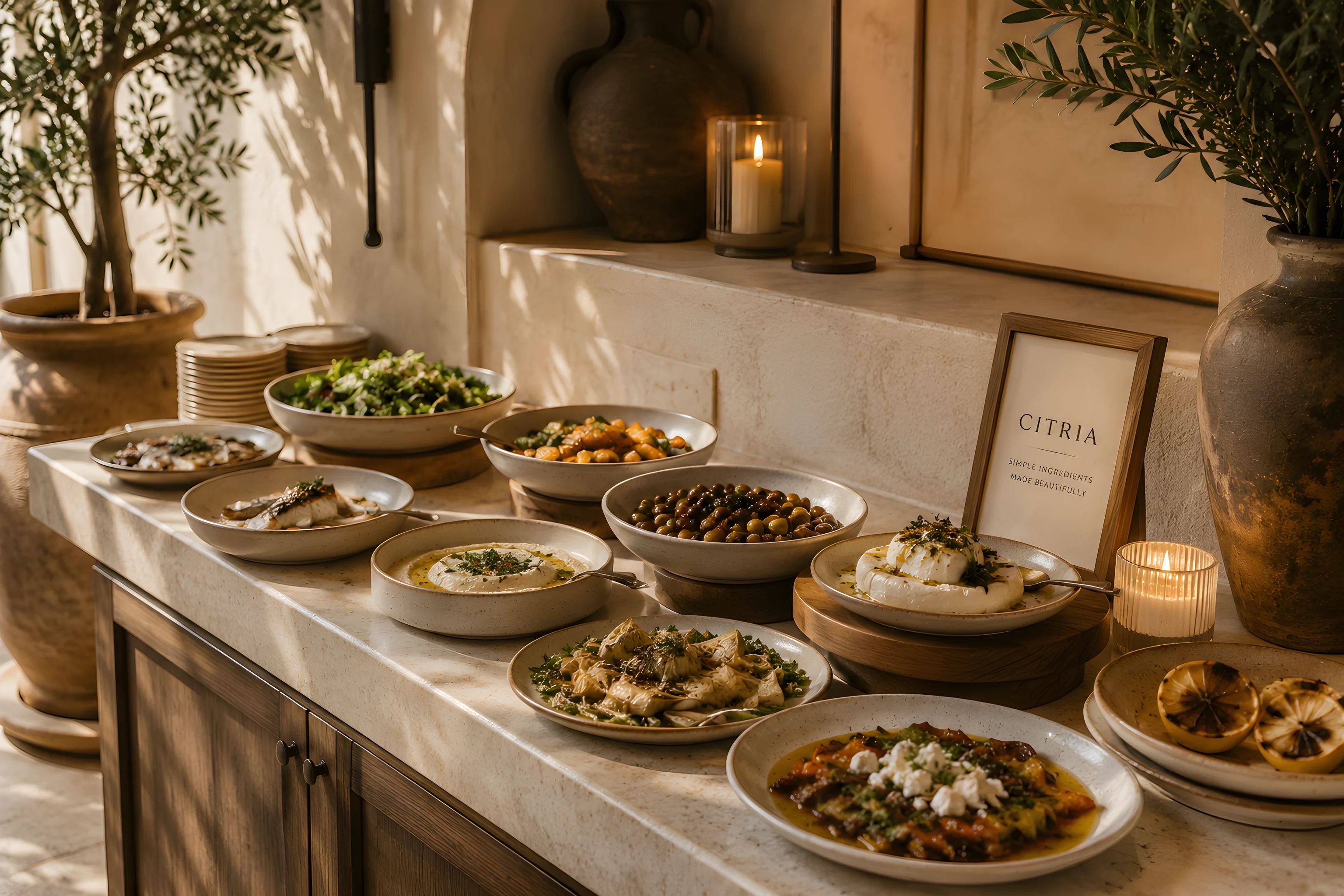 A catering spread of Mediterranean dishes in stoneware bowls along a plaster counter with olive branches