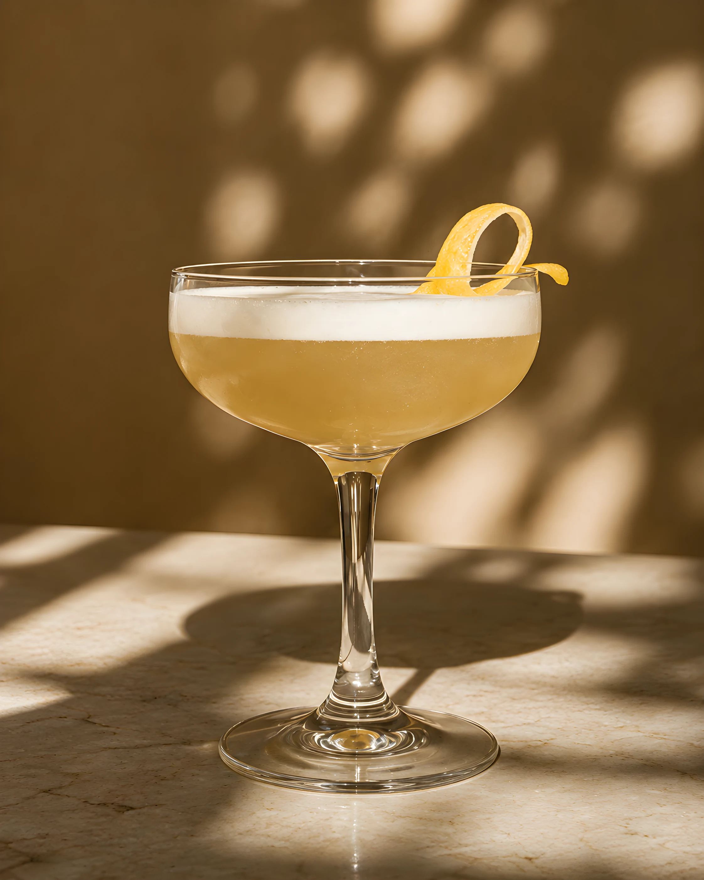A Citria Sour in a coupe glass with a lemon twist, sunlight casting leaf shadows across the marble