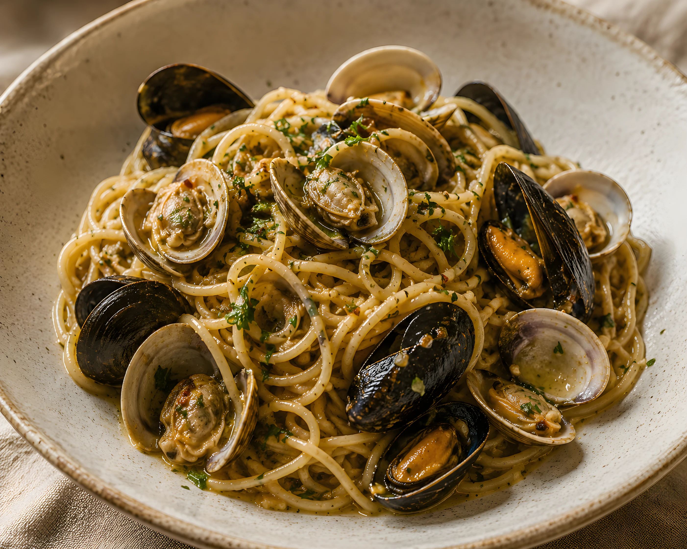 Clam linguine tossed with littleneck clams, mussels, parsley and chili