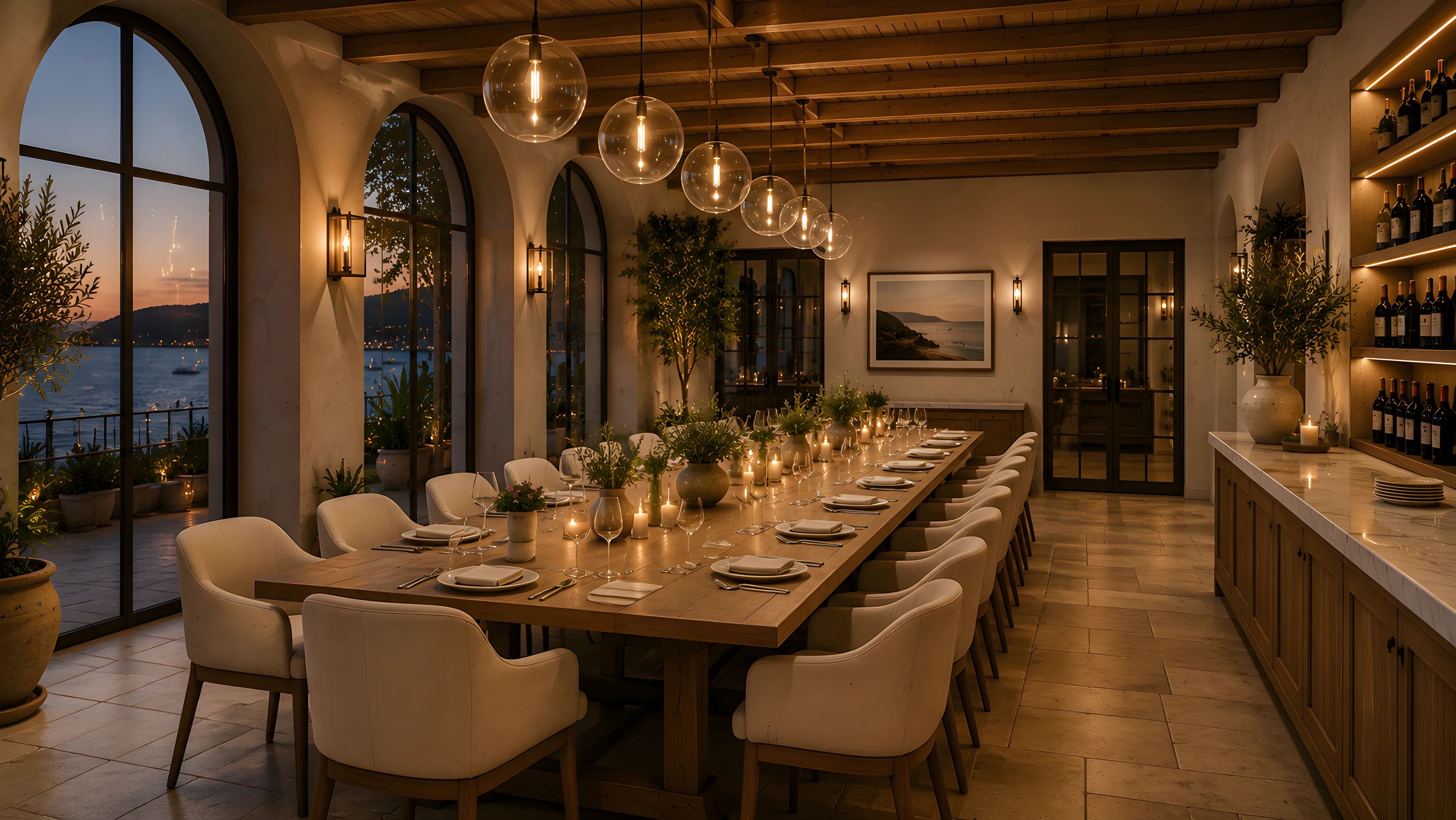 The Coastal Room set for a private dinner, candles along a long table beside arched windows at dusk