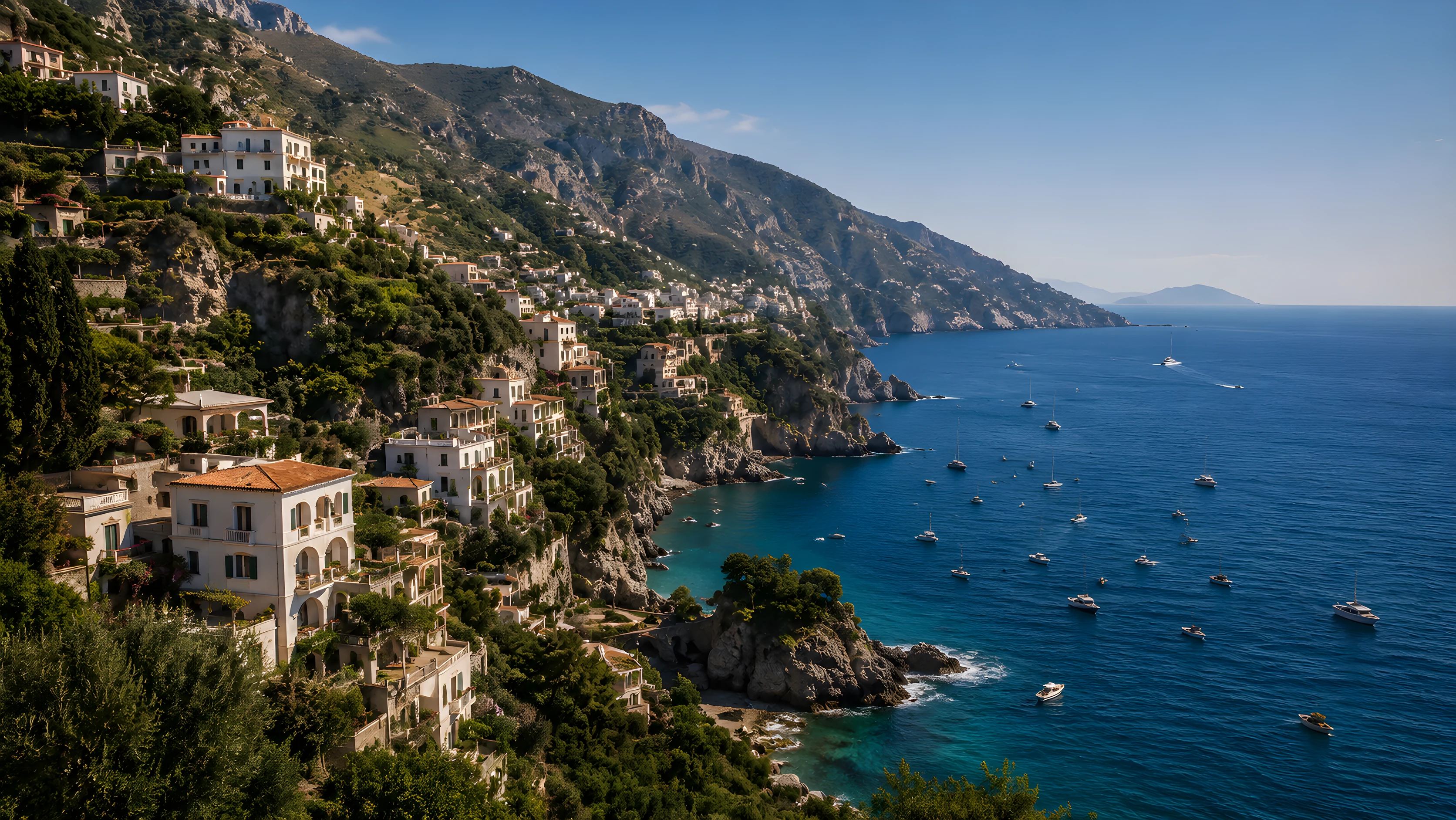 A Mediterranean coastline of terracotta villages stacked above a deep blue bay dotted with boats