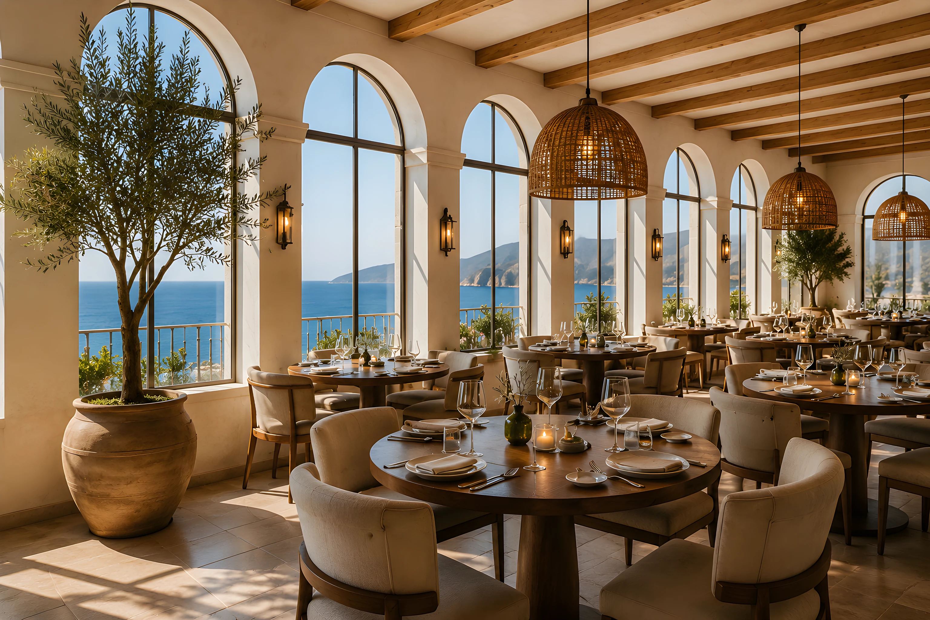 Citria’s dining room by day, cream chairs at oak tables beneath woven pendant lights, the sea through arched windows