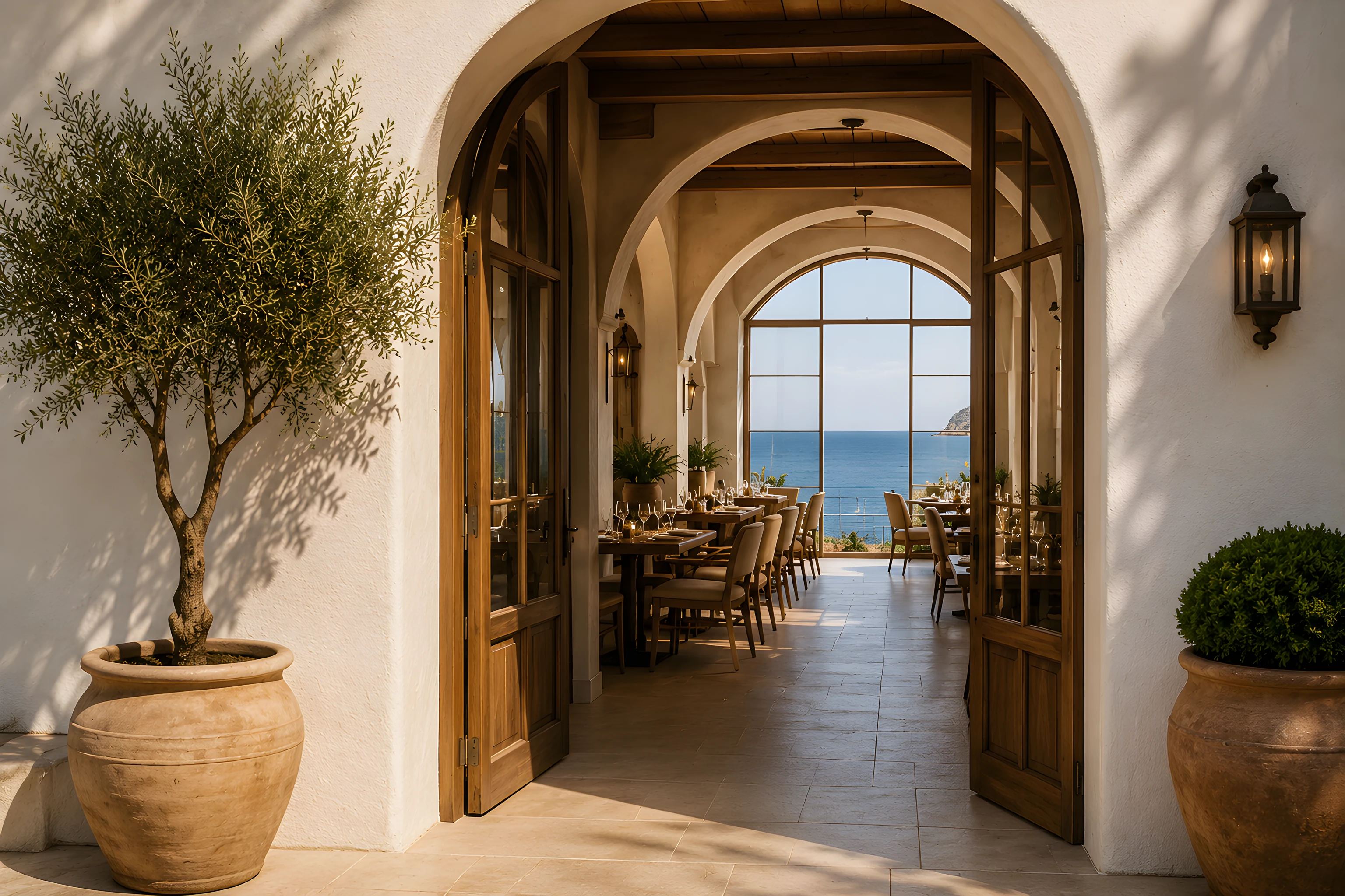 Citria's arched oak entry doors framed by olive trees in terracotta pots, the sea visible through the dining room