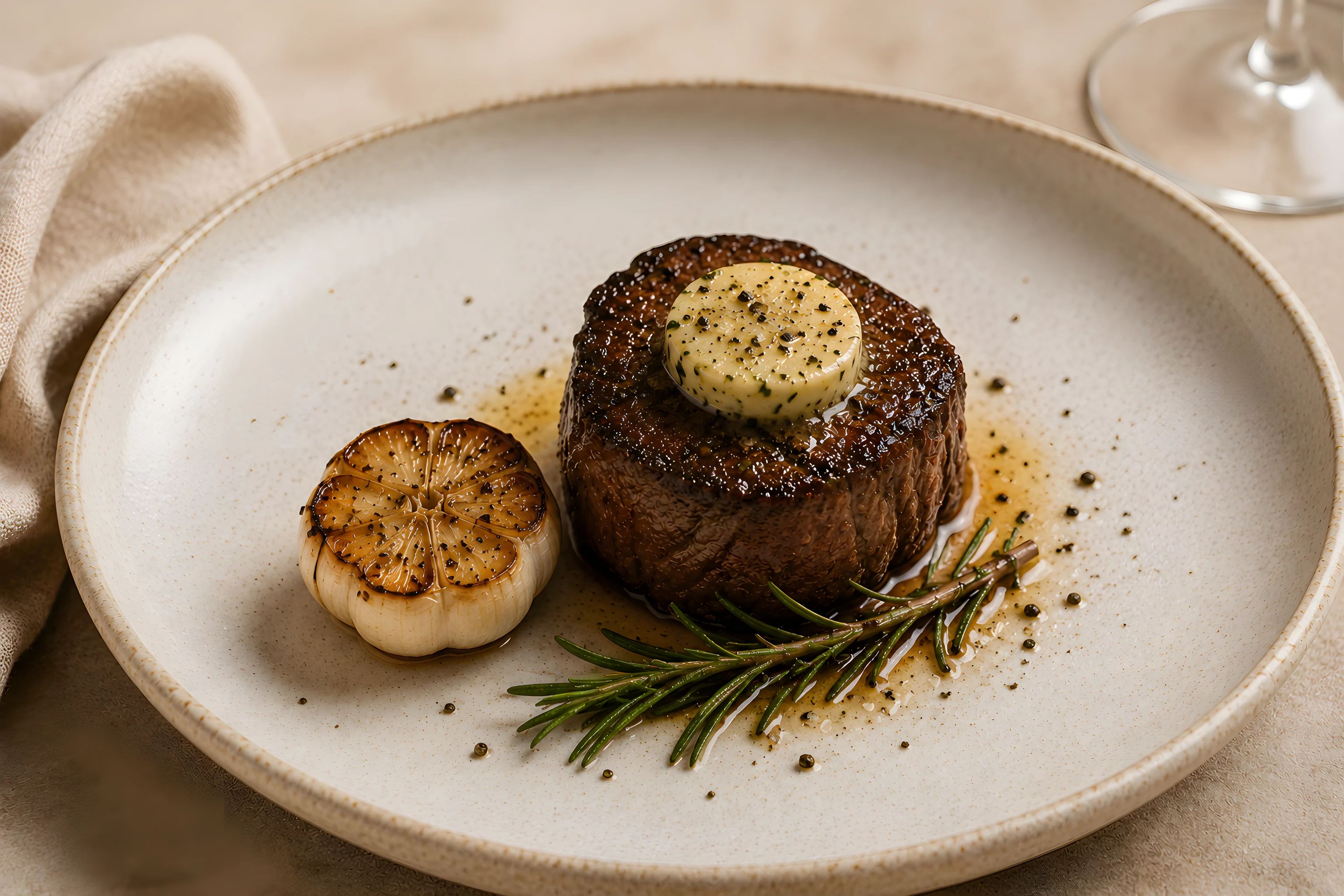 A filet with herb butter and a charred garlic head