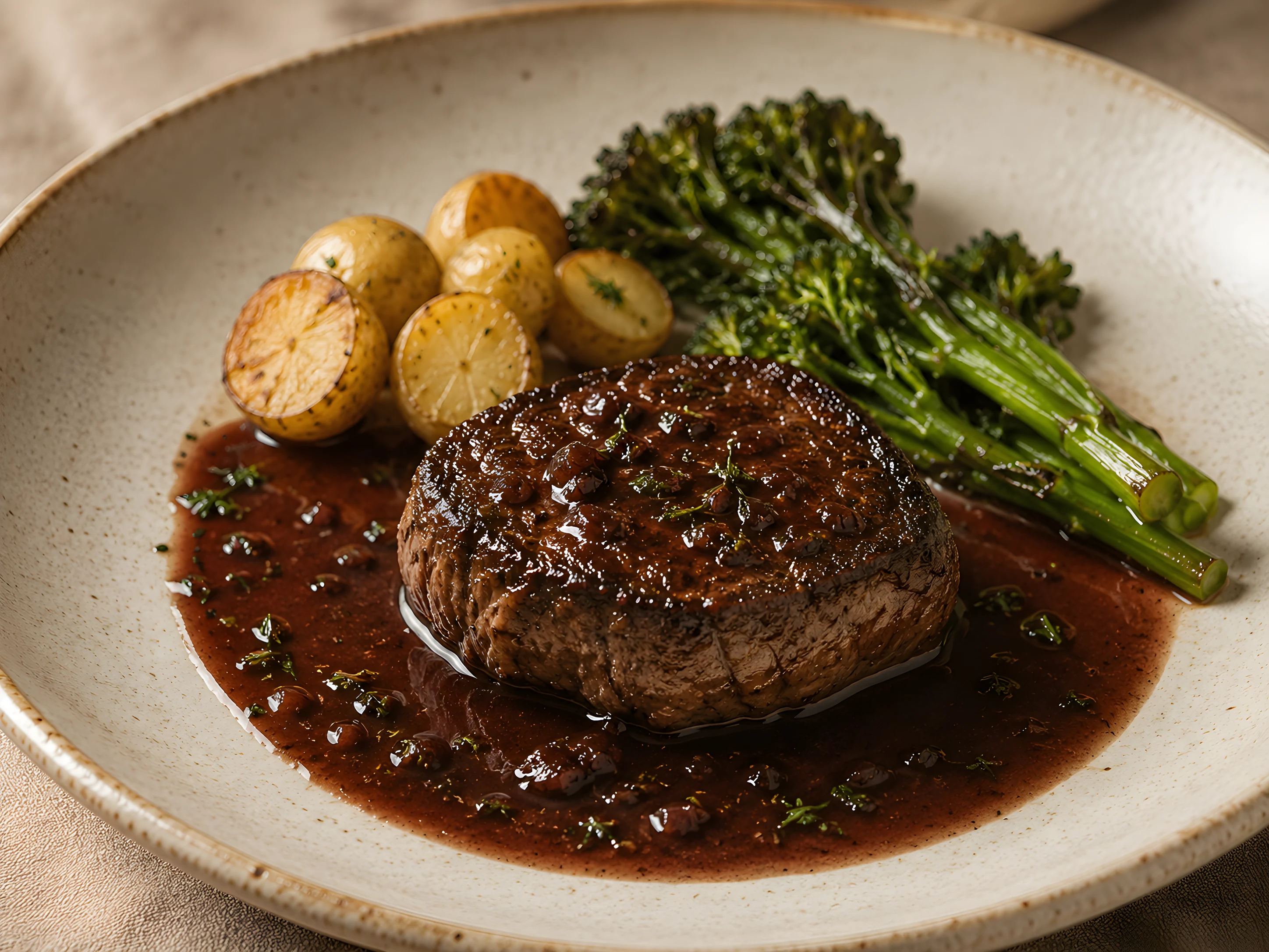 A center-cut filet in red wine sauce with crispy potatoes and broccolini