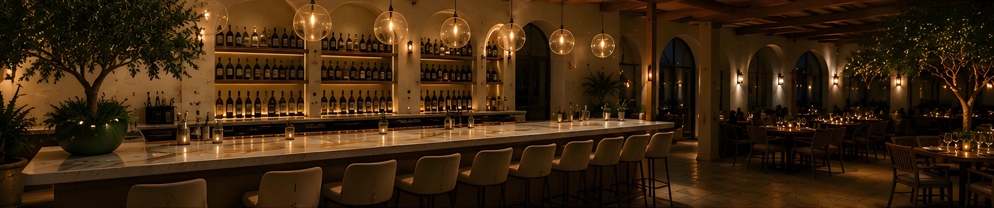 Citria’s bar at golden hour, pendant lights glowing above the long marble counter