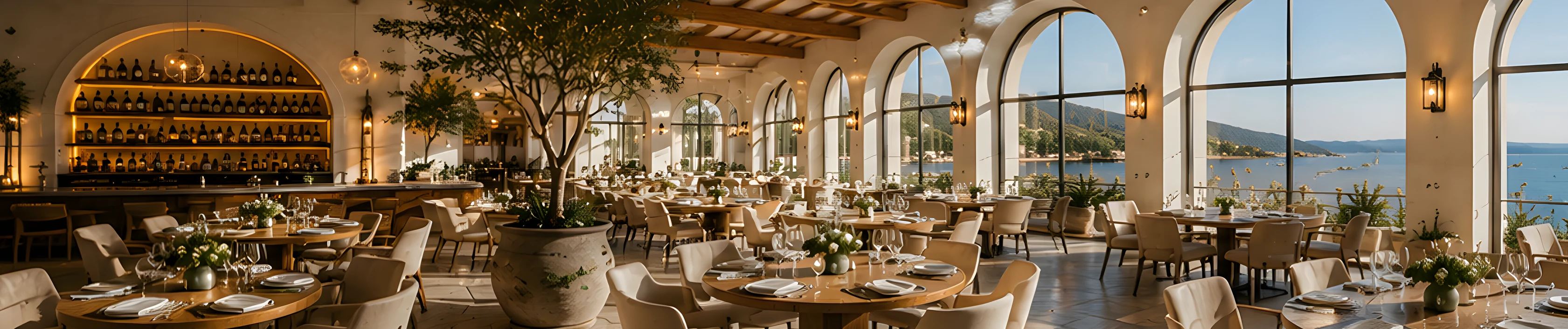 Citria’s dining room by day, sunlight through arched windows over the water