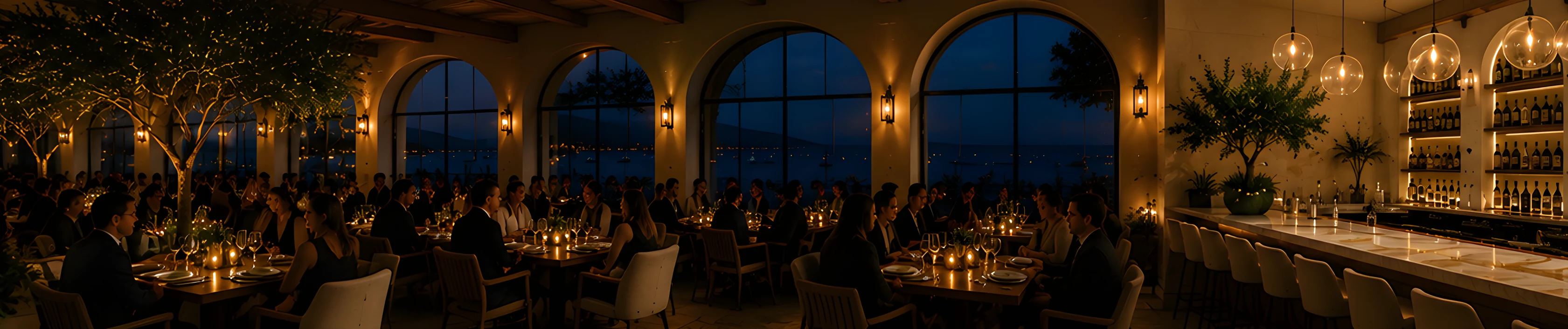Citria's dining room at night, arched windows open to a dark blue sea, tables lit by candles