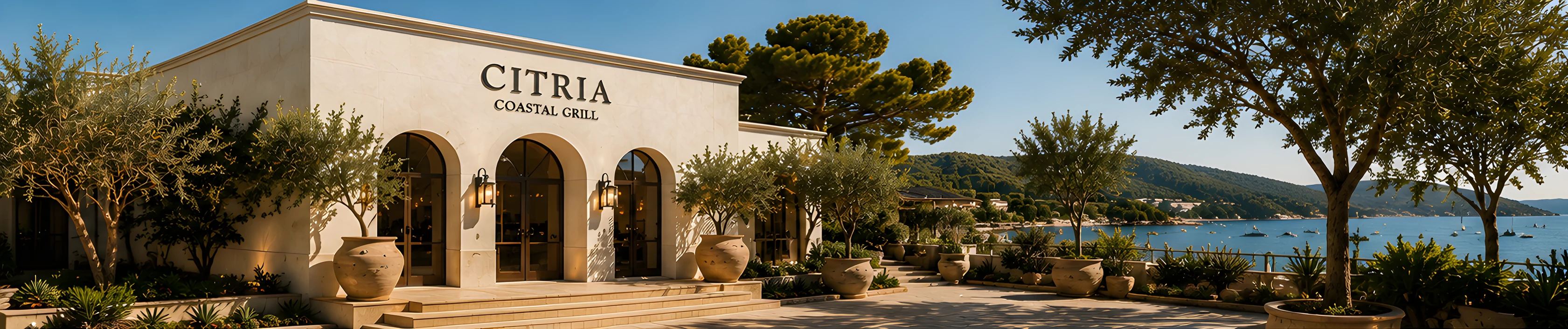 Citria’s cream plaster façade with arched windows and olive trees, the coastline stretching behind