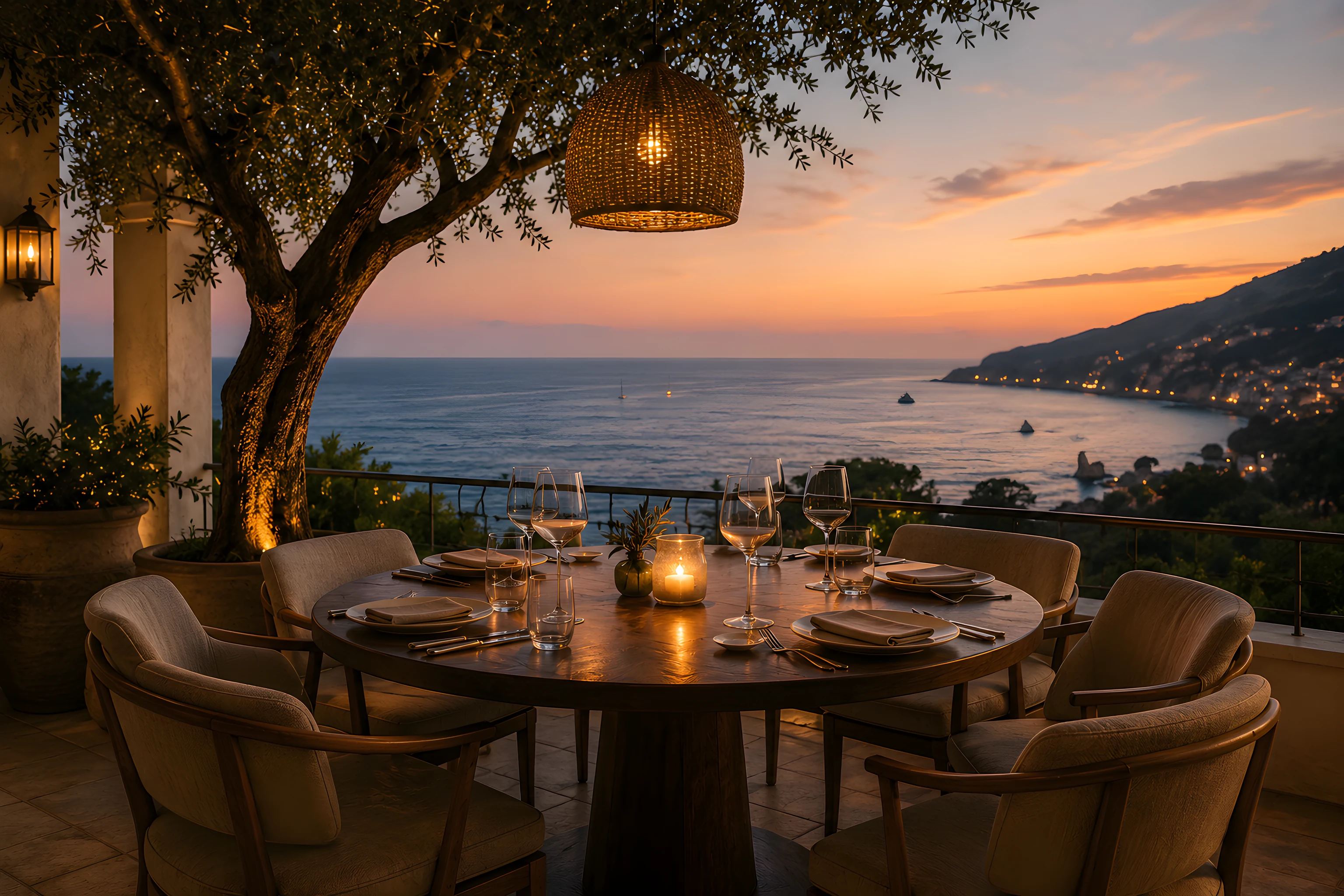 A candlelit table on Citria's patio at sunset, the Pacific glowing orange beyond an olive tree