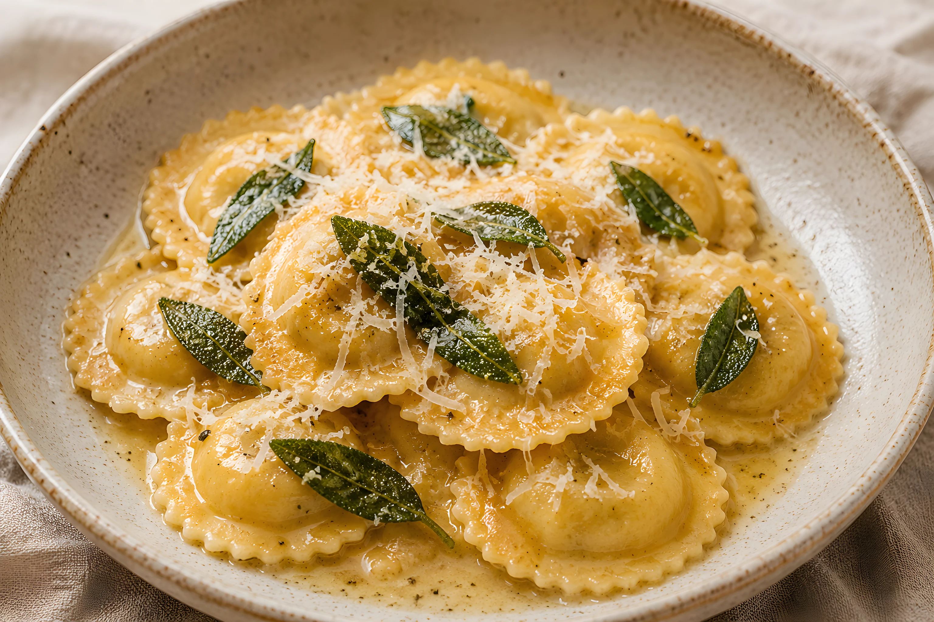 Ricotta ravioli in brown butter with crisp sage leaves and grated parmesan