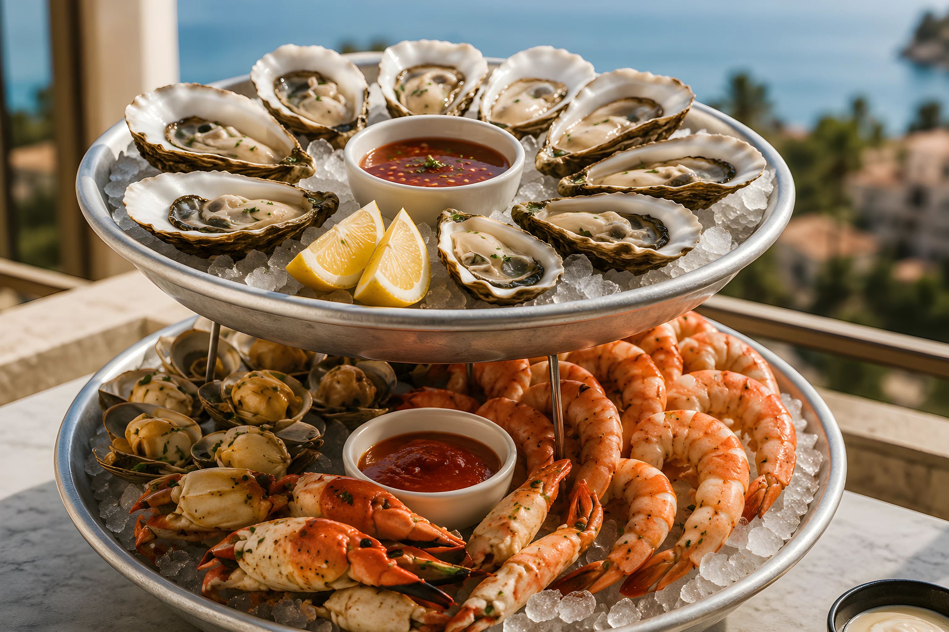 A two-tier seafood tower of oysters, shrimp and crab on ice with lemon and cocktail sauce