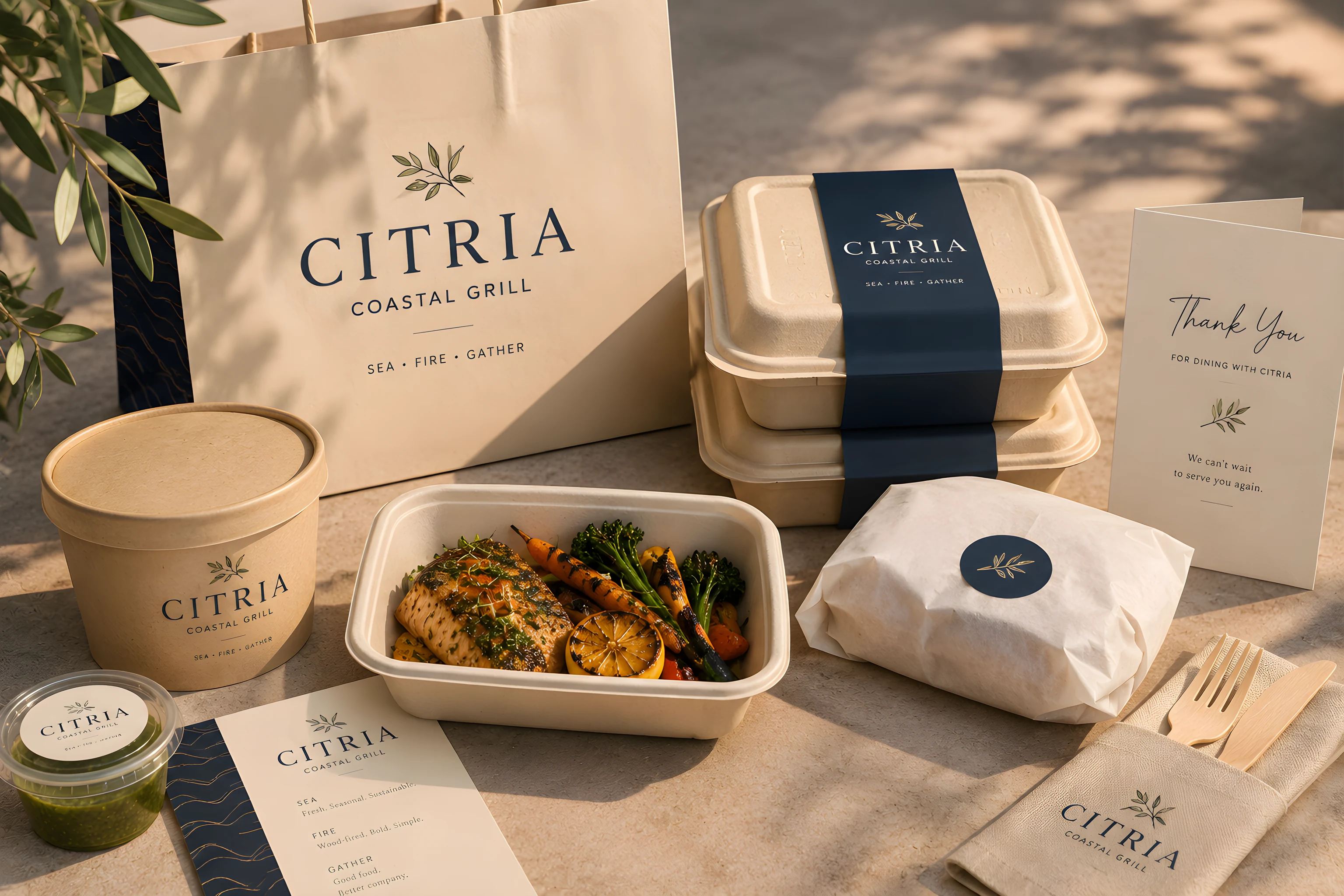 Citria to-go packaging: kraft bags and cream containers with navy labels beside an olive sprig